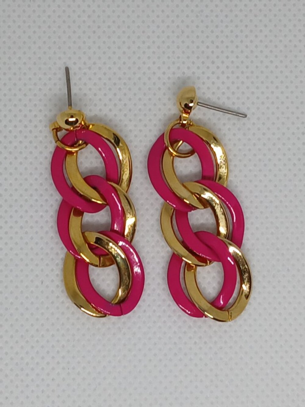 Pink & Gold Tone Chain Link Stud Earrings Vintage Costume Jewelry #99